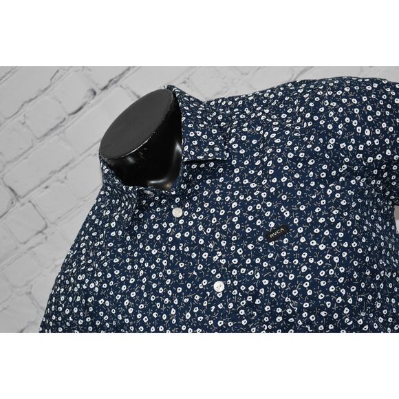 RVCA Hawaiian Style Dress Shirt Mens Size Medium Cotton Blue - Picture 2 of 6